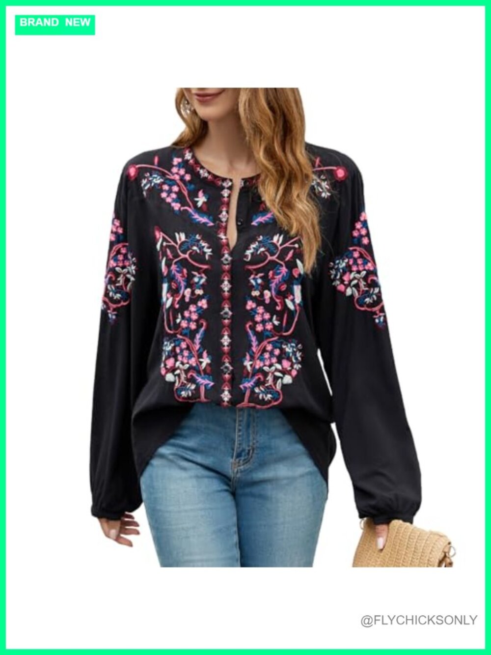 Womens Peasant Blouse Embroidered Long Sleeve Tunic Cotton Rayon Top